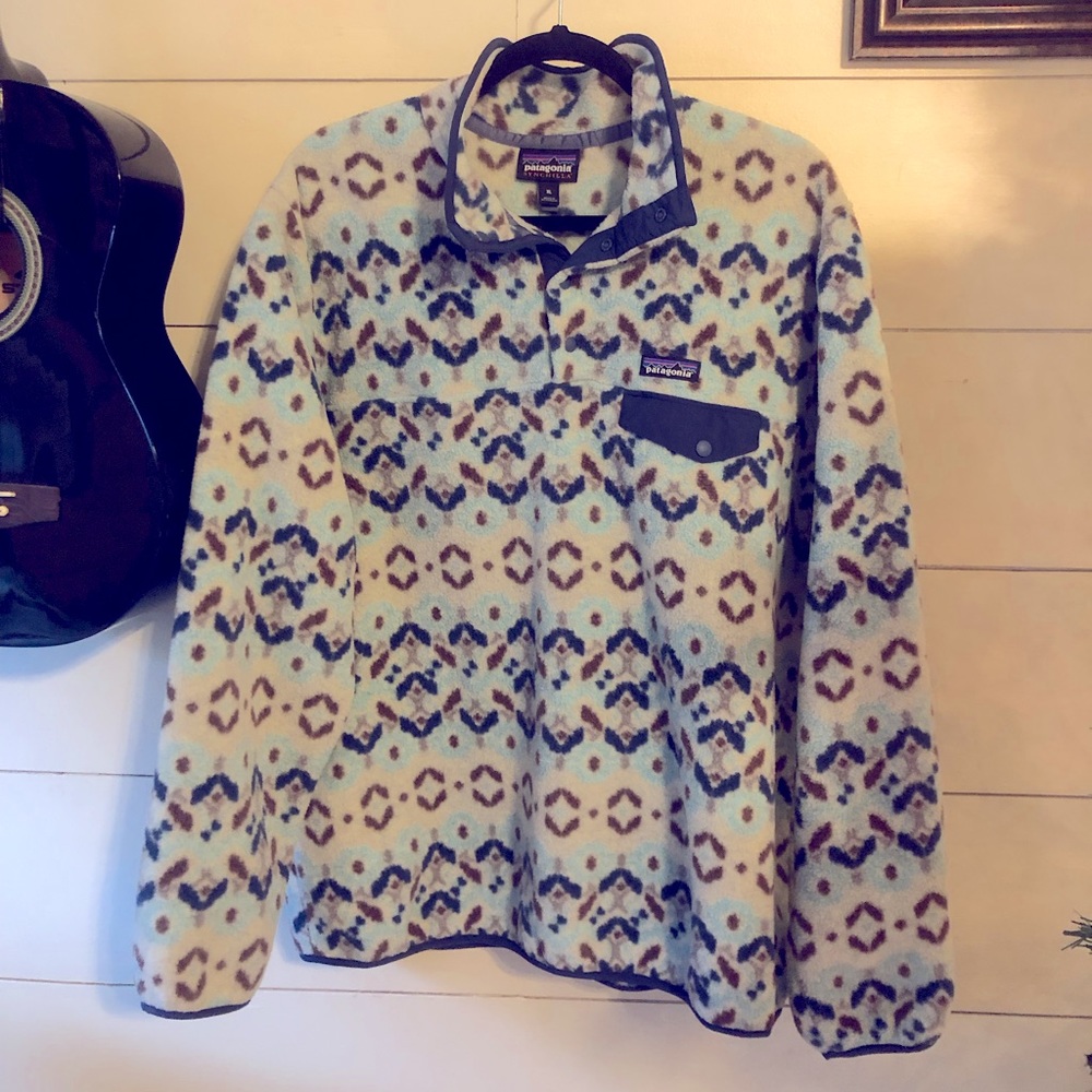 Patagonia synchilla snap fleece pullover vintage blue and brown pattern, size XL